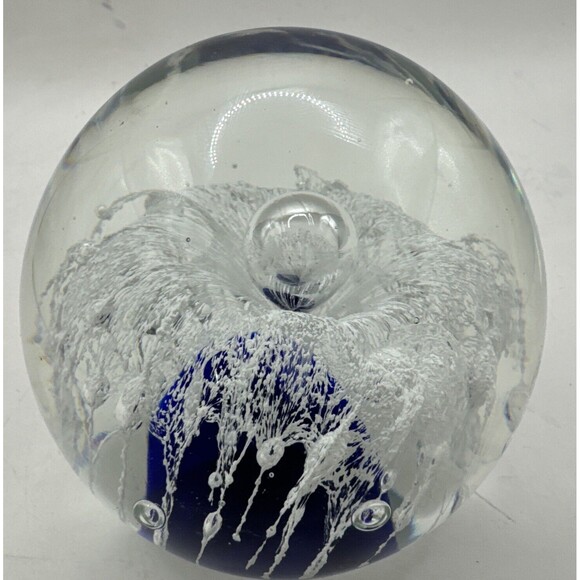 Cobalt Blue White Ghost Fish Flower Eye Trailing Bubbles Hand Blown Paperweight - Picture 3 of 5